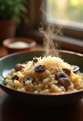 Lush Mushroom Risotto Elevated with Parmesan Creamy Essence Silky Freshness Umami Richness