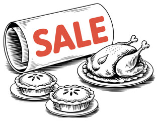Roasted turkey and pies are on sale with a prominent sale sign.