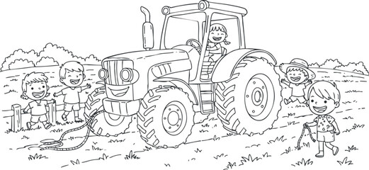 Playful line art illustration featuring children interacting with a tractor in a rural farming environment.