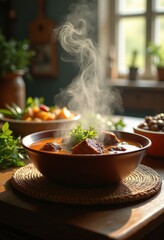 Hearty Steaming Beef Stew in Elegant Ceramic Bowl Surrounded by Natural Elements