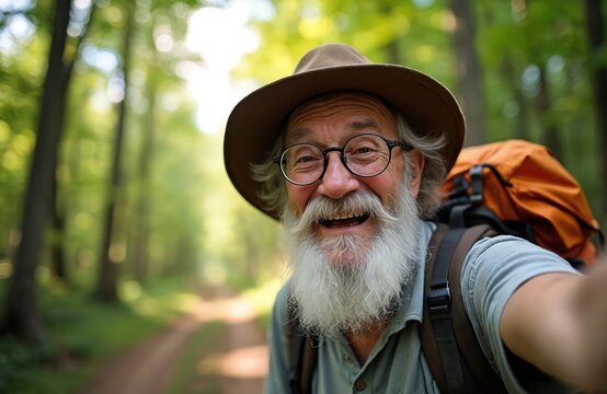 Elderly man with white beard takes selfie in forest. He wears hat glasses and backpack. Hiker smiles brightly on wooded trail. Enjoying nature on outdoor trip.