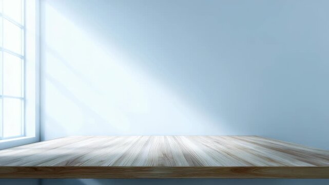 A spacious interior features a sunlit wooden tabletop with gentle light and shadow play, evoking calm and simplicity. The scene highlights modern minimalism and natural textures