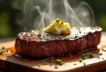 Juicy Grilled Steak Enhanced with Herb Butter Topping Glazed in Melted Richness