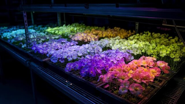 Researchers document and analyze distinctly colored flower mutants under bright lighting to track genetic changes during mutation breeding processes.