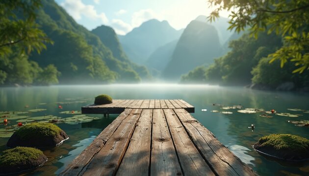 Wooden pier extends over misty lake surrounded by rich green mountains. Water lilies float on serene surface reflecting clear sky. Peaceful natural backdrop.