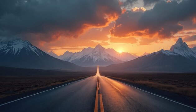 Empty highway leads toward snow capped mountains under dramatic sunset sky. Sun rays break through clouds over vast landscape. Journey begins toward distant peaks.