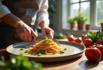 Michelin Star Chef Crafting High-End Pasta Creation Exquisite Detail Studio Setting