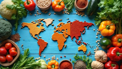 World map made of spices and grains on blue table with fresh vegetables, tomatoes, bell peppers, cauliflower, broccoli, zucchini, pumpkin, herbs. Healthy food concept, diverse ingredients.
