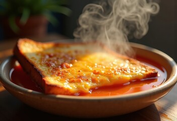 Mouthwatering Grilled Cheese Toast Melt Accompanied by Luxurious Tomato Soup in a Rustic Bowl Setting