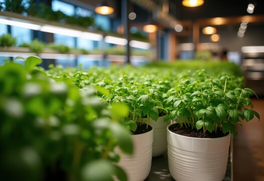 Hydroponic Herb Gardens Thriving in Upscale Restaurant Setting Contemporary Gourmet Atmosphere