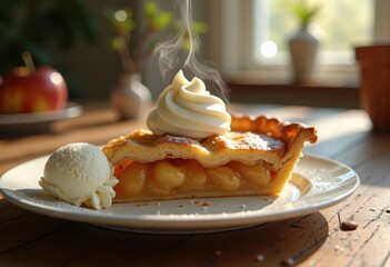Luscious Apple Pie with Airy Vanilla Scoop Captured in Rustic Environment