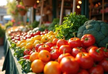 Lively Market Stall Displaying Fresh Organic Fruits and Vegetables in a Colorful Array Under Bright Canopy
