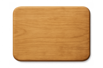 Wooden cutting board with rounded corners ready for cooking or serving food, transparent background