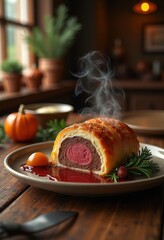 Lush Beef Wellington Puff Pastry Enclosure Surrounded by Rustic Elements and Complementary Decor