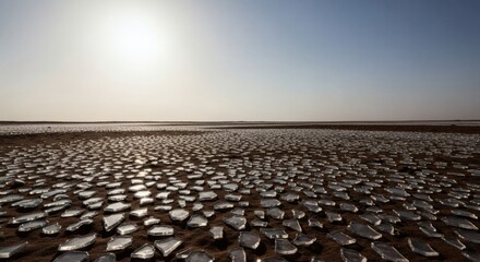 Naklejka premium Cracked salt flat with sun shining in the sky in iran, middle east
