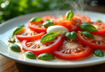 Lush Tomato Basil Mozzarella Circles with Leafy Green Accents Fresh Ingredients Plateful