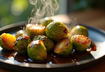 Roasted Brussels Sprouts Balsamic Glaze Caramelization Nature Vegetable Garden Vivid Color Contrast