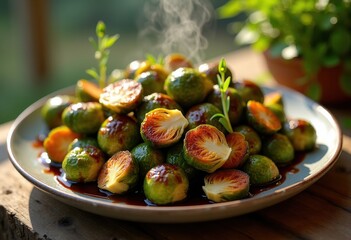 Roasted Brussels Sprouts Glazed in Rich Balsamic Glaze with Glorious Autumn Harvest Colors