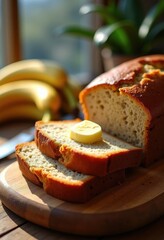Rustic Banana Bread Loaf Beautifully Arranged With Natural Soft Butter Against Vintage Wooden Backdrop