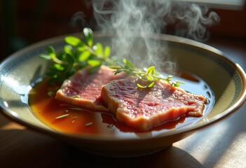 Luxe Wagyu Beef Bone Broth Exuding Sophistication in an Artistic Bowl Garnished with Herbs