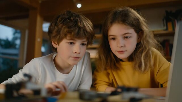 Child collaborating with a sibling on a home-based project, building models and discussing ideas, emotion of teamwork and curiosity visible, symbolizing project-based learning, family-supported