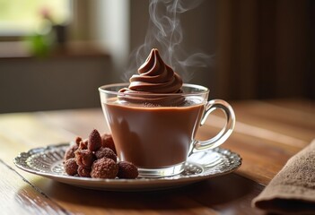 Luxurious Chocolate Mousse Captured in an Exquisite Glass Cup Surrounded by Glossy Edibles