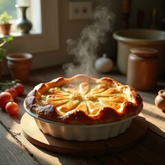 Savory Chicken Pot Pie with Flaky Pastry Nestled in Warm Hearth Environment