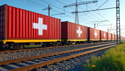 Obraz premium Long freight train loaded with many red shipping containers moves on railroad tracks. Container prominently displays Swiss flag. Represents international trade, global logistics, export, import.