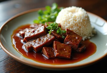 Savory Beef Teriyaki Glazed Protein Accompanied by Fluffy Steamed Jasmine Rice