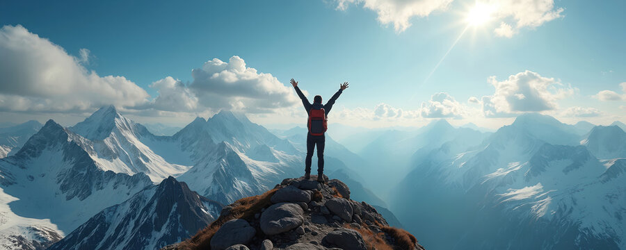Man stands on mountain top with raised arms. Hiker enjoys scenic landscape view with snowy peaks. Person celebrates freedom, victory, achievement, business success on mount top.