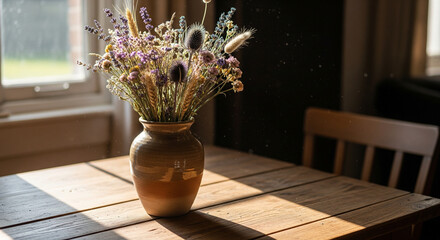 Rustic dried flower bouquet illuminated by sunbeams on wooden table.
A charming, rustic interior scene featuring a full and colorful bouquet of various dried wild flowers and seed heads