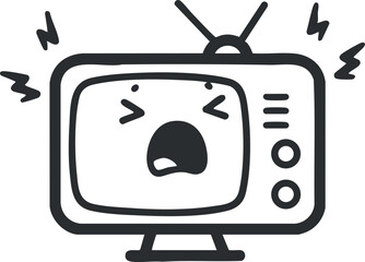 Naklejka premium Playful black and white vector illustration of an angry television with expressive features and sound effects.