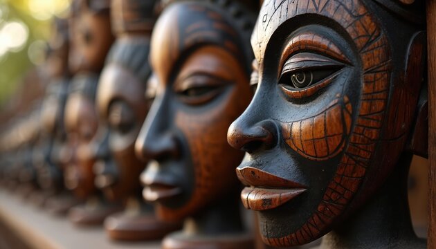 Row of handcrafted wooden African masks with detailed carvings and patterns. Masks show expressive faces and cultural designs. They are displayed outdoors with soft sunlight.