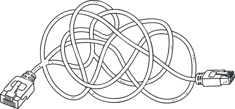 Outline vector illustration of a tangled ethernet cable, ideal for technology and communication design projects.