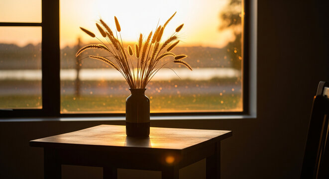 Golden sunset light silhouettes grass plumes in a vase on a table.
A warm and evocative interior shot taken at sunset, looking out through a large window