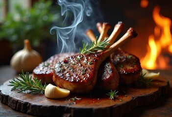 Sizzling Lamb Chops Plated Against Charred Wood Backdrop Concrete Image