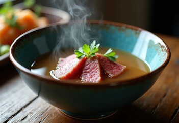 Luxurious Wagyu Beef Broth Crafted in Cerulean Bowl with Rich Garnishes and Petit Accessories