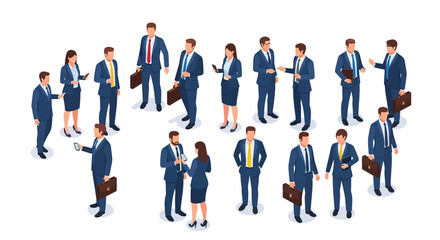 Isometric illustration of a diverse group of business professionals in formal attire, standing and interacting, representing teamwork and corporate environment.