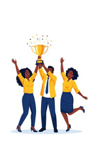 Team celebrates success with trophy after achieving goals and winning.