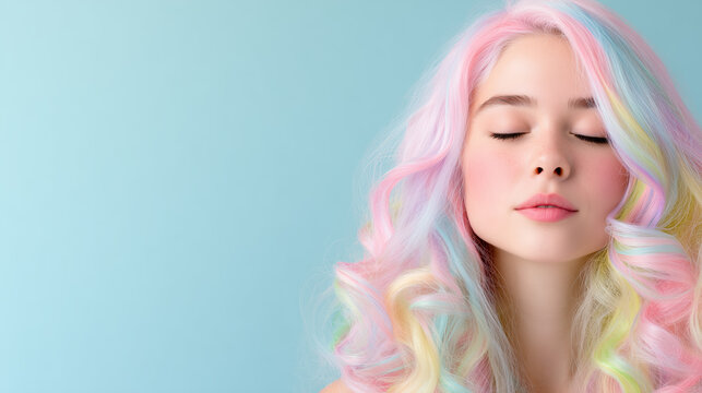 A girl with vibrant pastel hair styles exudes a sense of calm with her eyes closed, showcasing the soft curls flowing down her shoulders against a gentle blue background