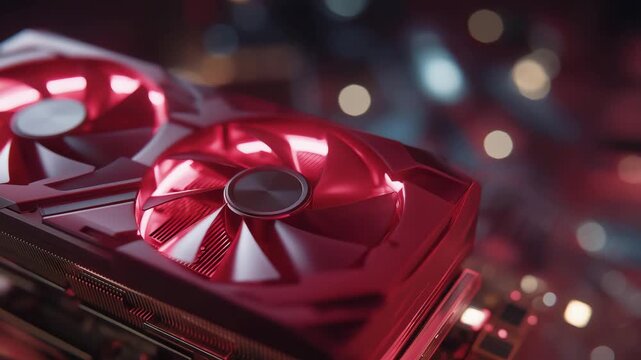 Close-up of GPU fans spinning rapidly with heat sensors glowing red, emotion of intensity visible, symbolizing the raw computational power and energy demand of modern cryptocurrency mining