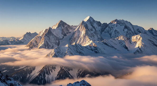Breathtaking Snow-Capped Mountain Peaks Emerging from a Cloud Inversion.
A stunning high-altitude landscape captured during sunrise or sunset, showing a majestic range of snow-capped mountains