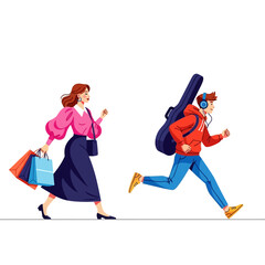 Woman with shopping bags and man with guitar case walking quickly.