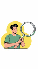 Young man holding a large magnifying glass, looking for something.