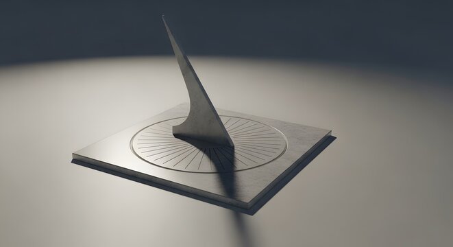   a metal sundial with a square base and radial markings casting shadow