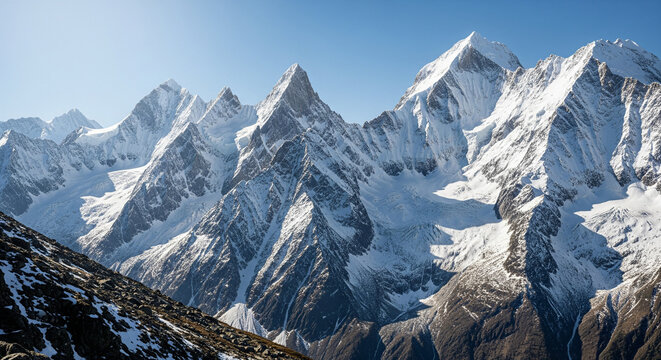 Majestic High Altitude Snowy Mountains Against a Clear Blue Sky.
A breathtaking wide-angle landscape photograph showcasing a towering range of jagged, snow-capped mountains under a clear