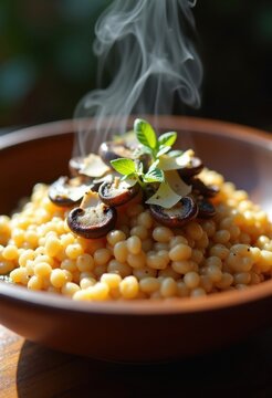 Mushroom Risotto Paragon with Parmesan Aroma Over Creamy Landscape Plate