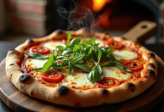Truffle Infused Italian Pizza Rich Cheese Toppings Savory Herb Accents Rustic Oven Baked Delight