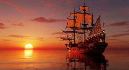 Fototapeta premium Majestic Historical Galleon Sailing into a Fiery Orange Sunset. A breathtaking, dramatic image of a large, full-rigged historical galleon sailing across calm, reflecting waters during a magnificent 