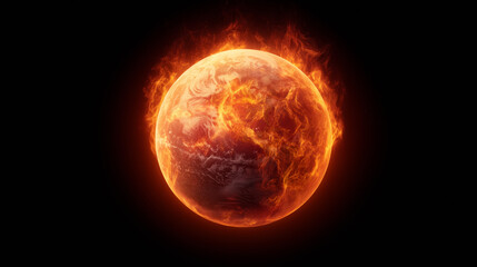 A planet ablaze with orange and red flames, surrounded by an ethereal glow. The dark backdrop emphasizes the intensity of the fire and hints at extraordinary cosmic phenomena